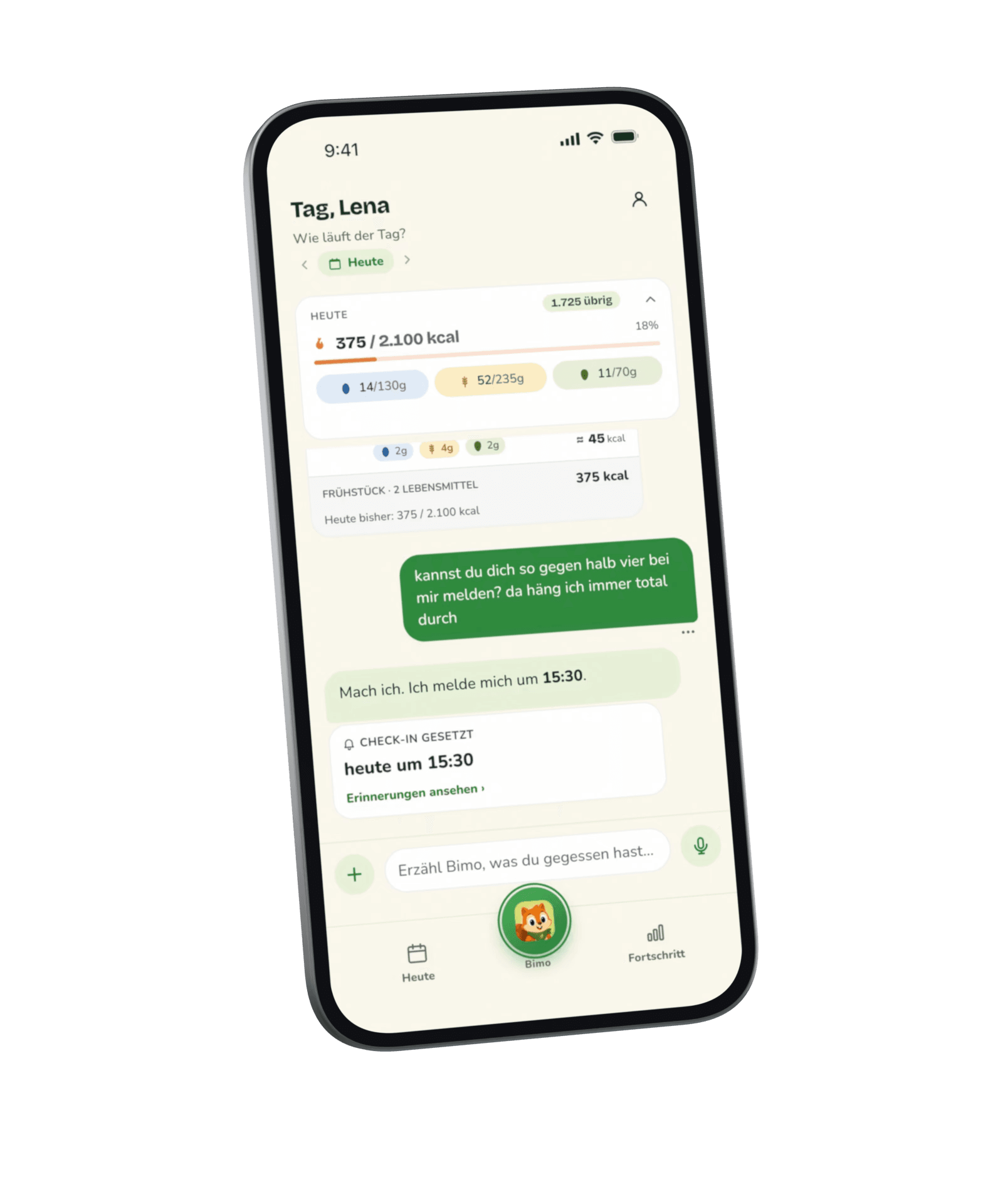 Bimo auf dem iPhone: der Chat des Tages mit eingetragenem Frühstück und einem geplanten Check-in; ein Mittagessen, in einem Satz getippt, wird zum Eintrag mit Kalorien.