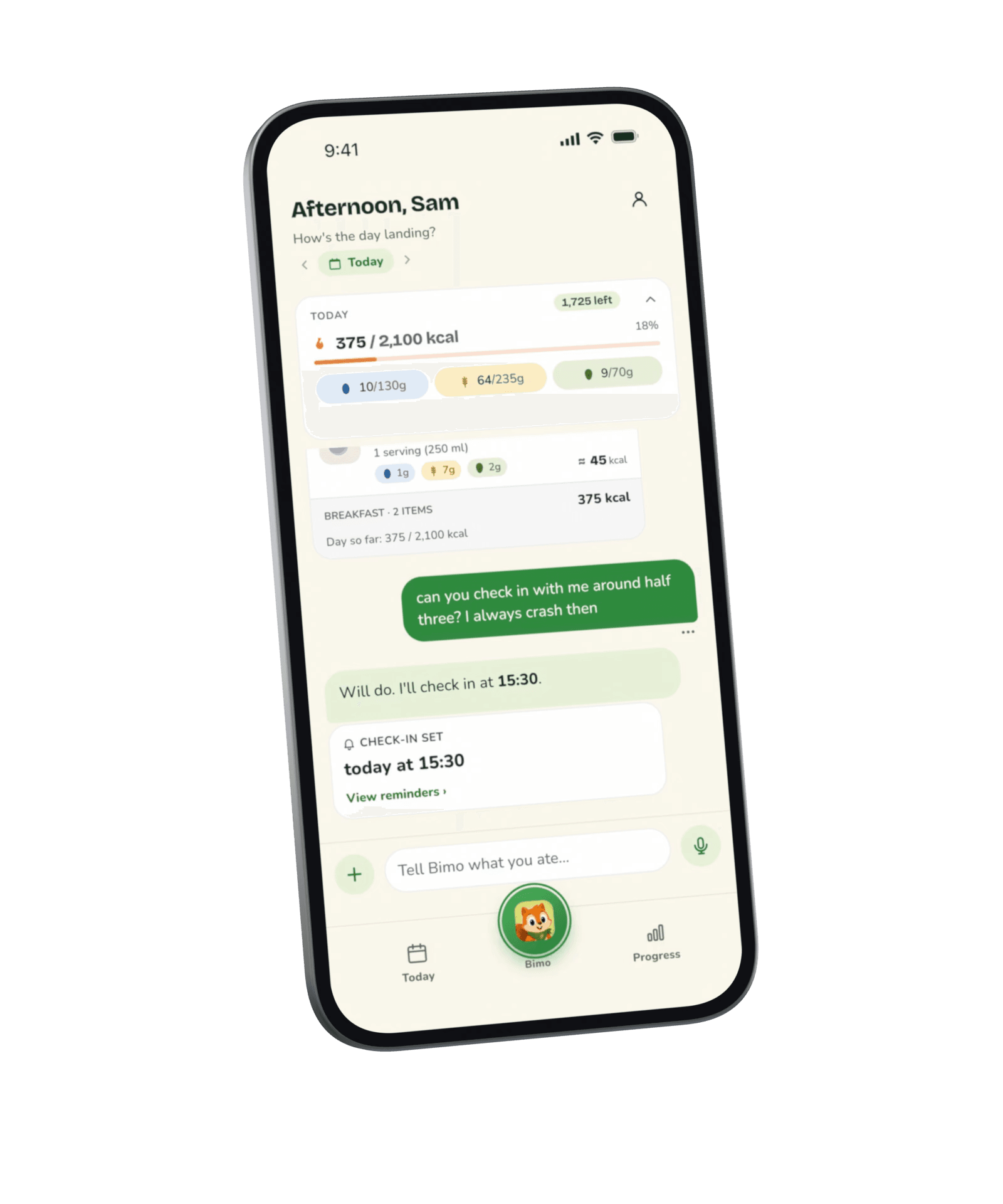 Bimo for iPhone: the day's chat, with breakfast logged and a check-in set; lunch typed in one sentence becomes a receipt with calories.