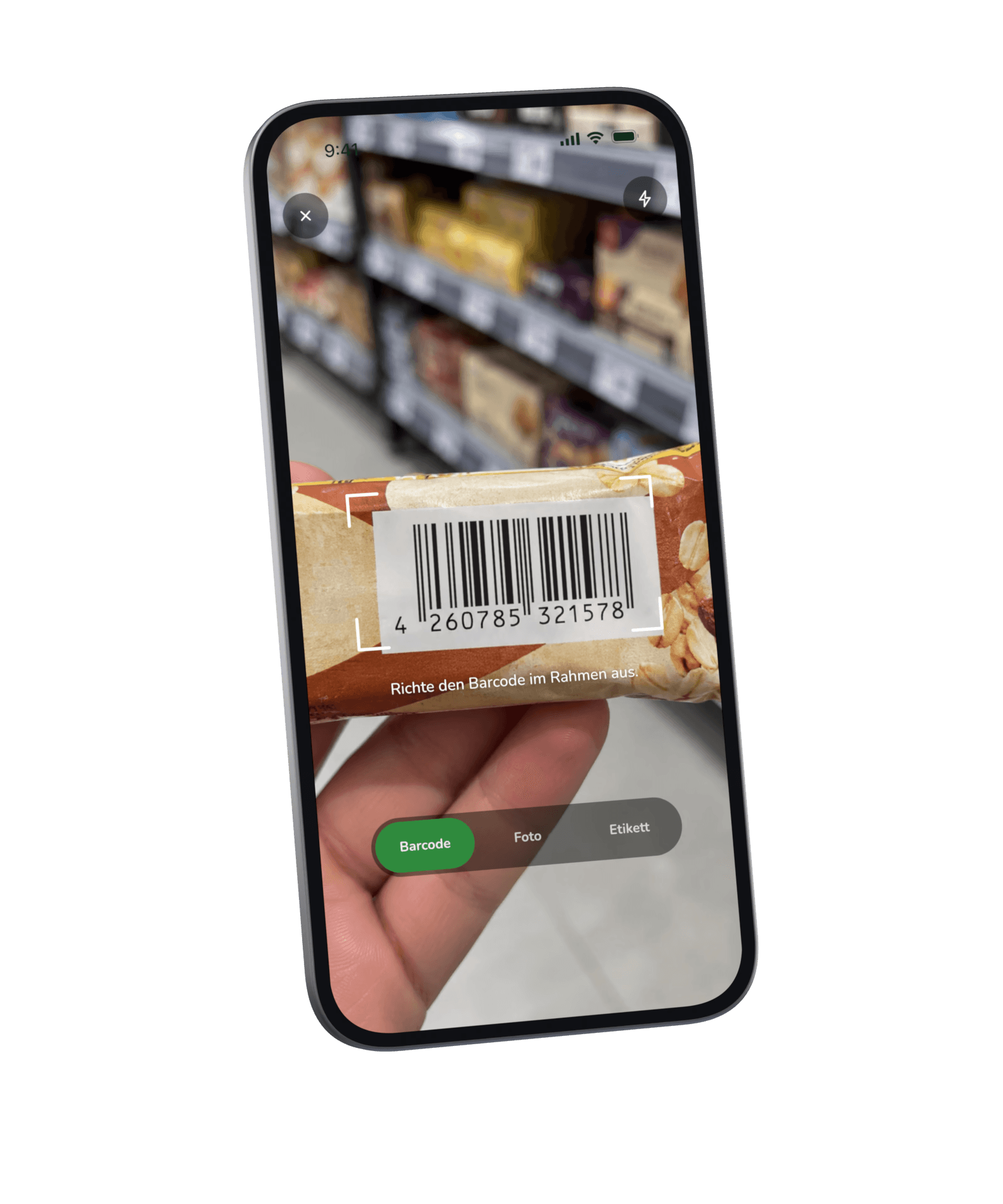 Der Barcode-Scanner: Der Barcode einer Verpackung liegt im Rahmen, darunter die Modi Barcode, Foto und Etikett.