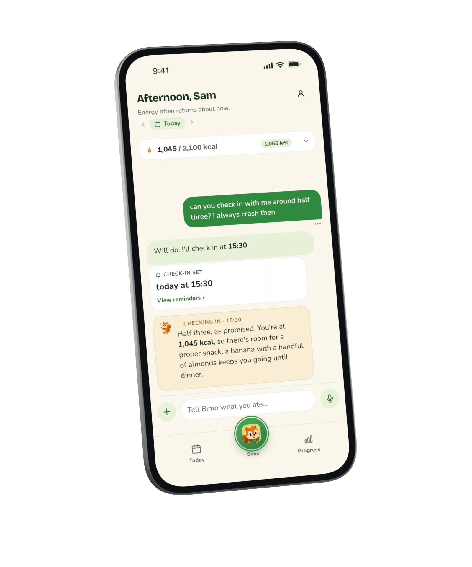 The chat: a request to check in later, a check-in set for today at 15:30, then Bimo’s message at 15:30 with an idea for an afternoon snack.