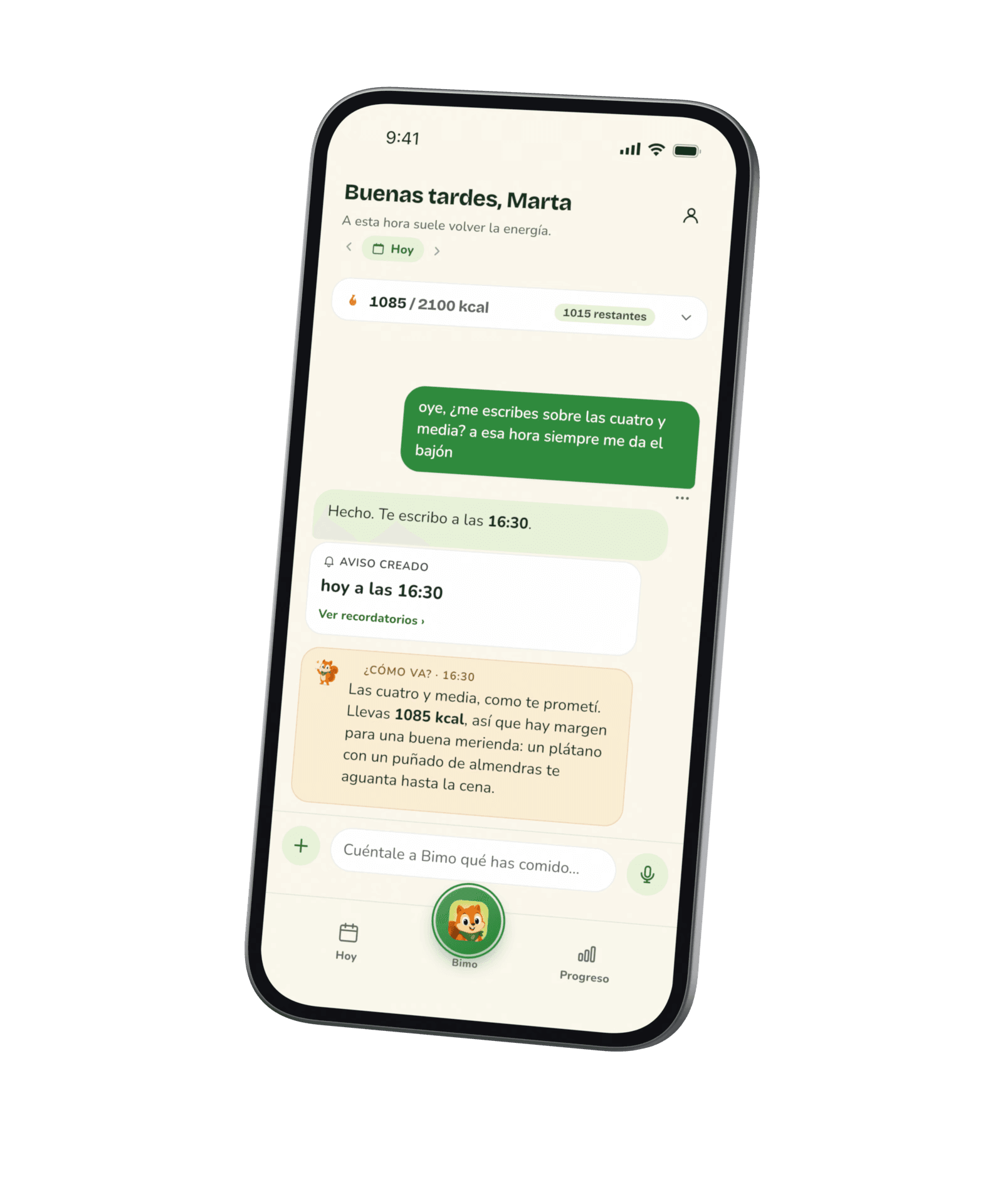 El chat: la petición de un aviso para más tarde, un aviso para hoy a las 16:30 y, después, el mensaje de Bimo a las 16:30 con una idea para la merienda.
