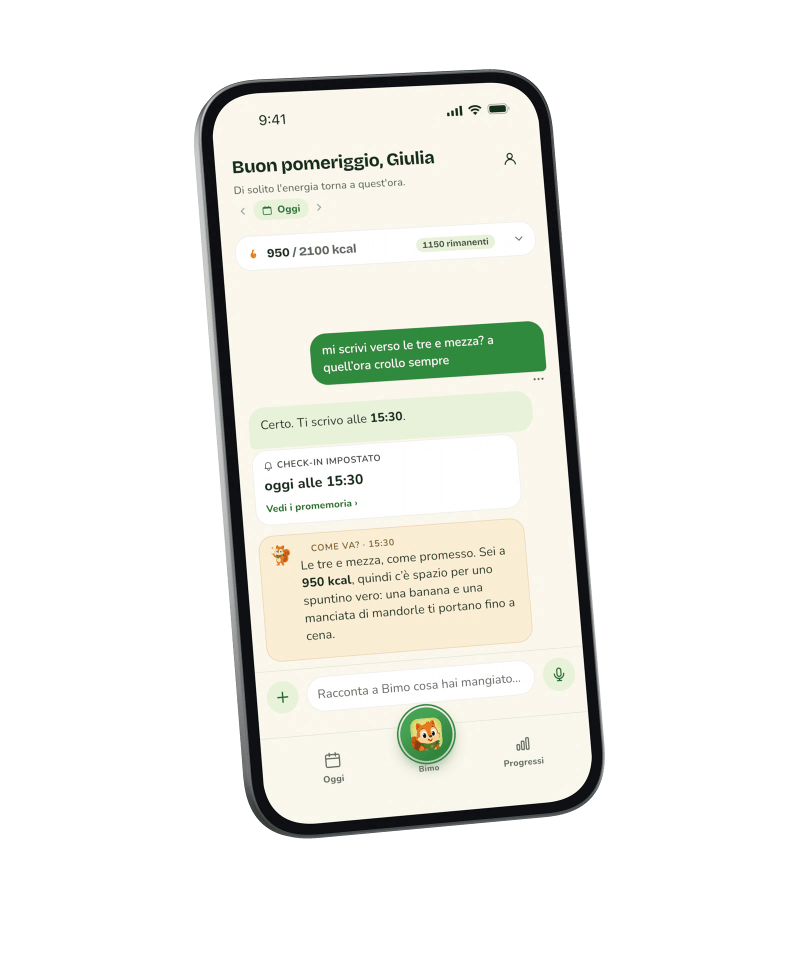 La chat: la richiesta di un check-in più tardi, un check-in fissato per oggi alle 15:30, poi il messaggio di Bimo alle 15:30 con un’idea per la merenda.