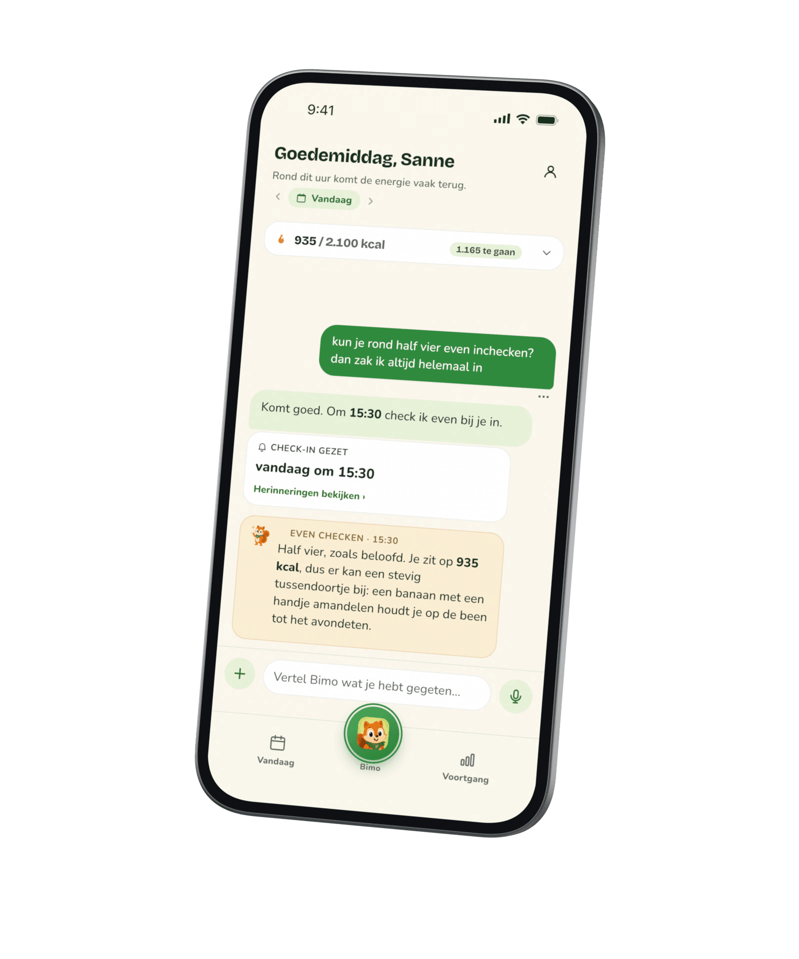 De chat: de vraag om later te checken, een check-in voor vandaag om 15:30, dan het bericht van Bimo om 15:30 met een idee voor een tussendoortje in de middag.